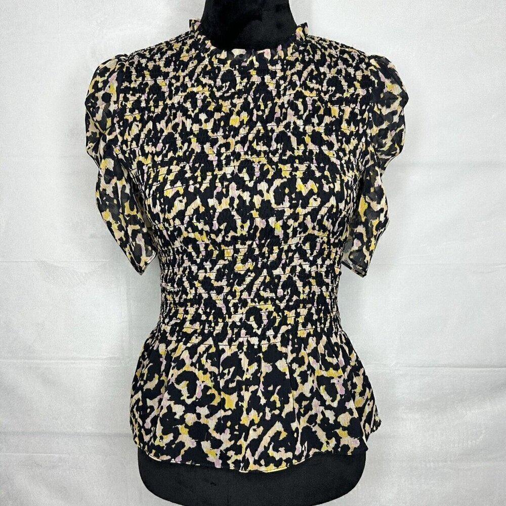 Amanda Uprichard Adrina Smocked Blouse Top Size Small Short-Sleeve Back-Zip
